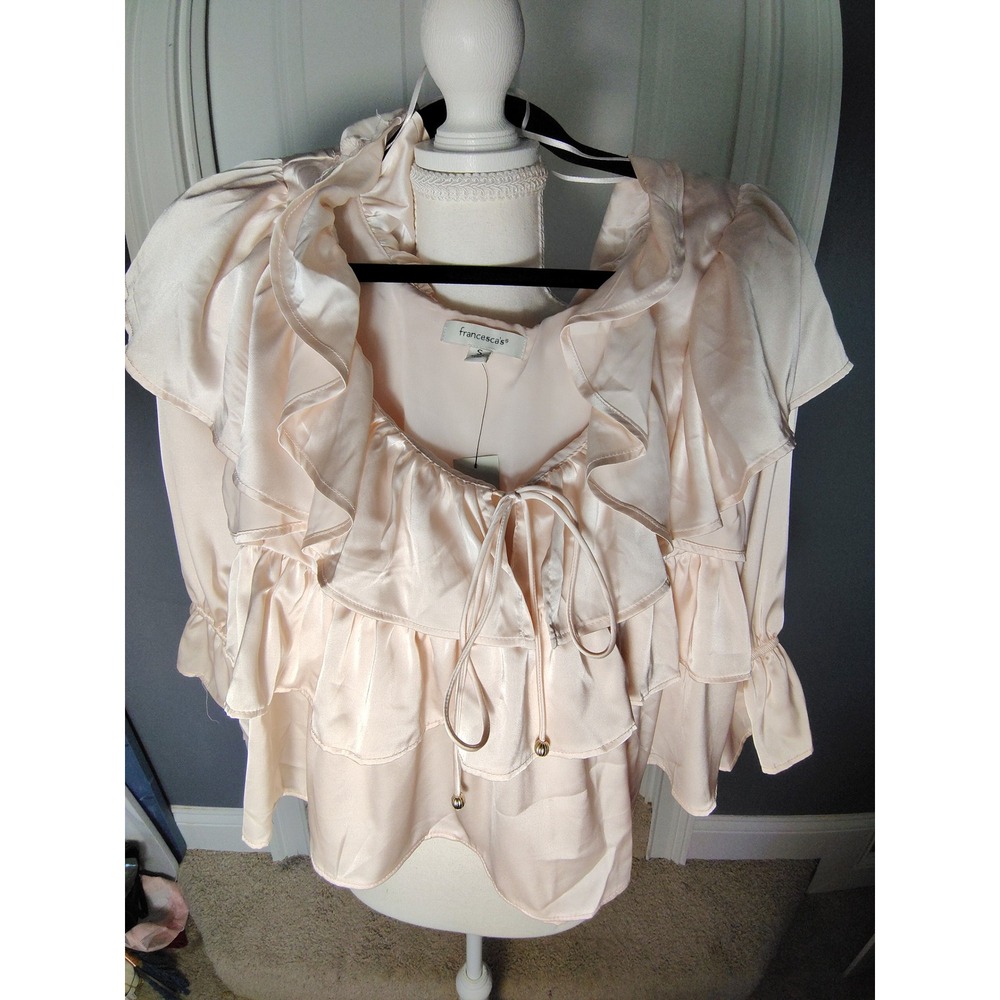 Francesca's Ruffle Satin Peplum Blouse Champagne Pink V-Neck Tie Top Small NEW